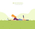 Web page design template. Girl running on the lawn in the park. Work in harmony with nature. Vector illustration
